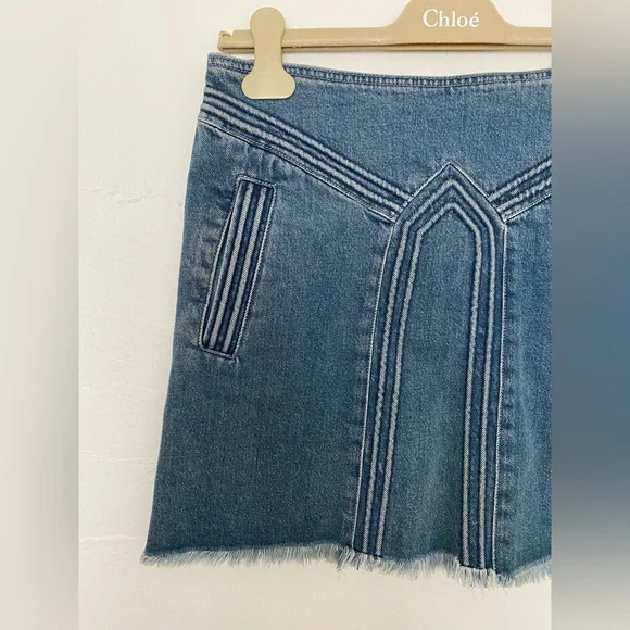 CHLOE BLUE DENIM JEAN MINI SKIRT SIZE 36 FRINGE HEM LUXURY BOHO